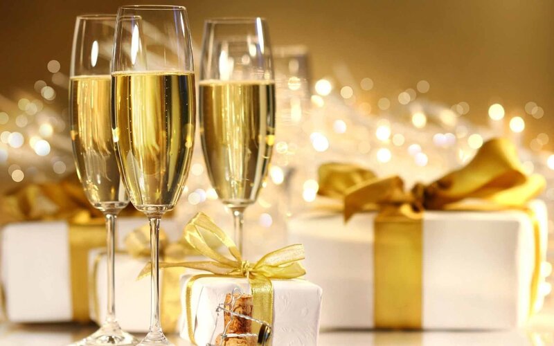 Champagne glasses and gifts