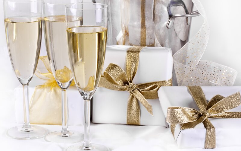 Champagne Glasses and Gifts — White, Celebratory