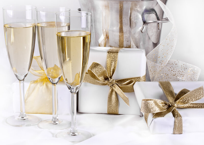 Champagne Glasses and Gifts — White