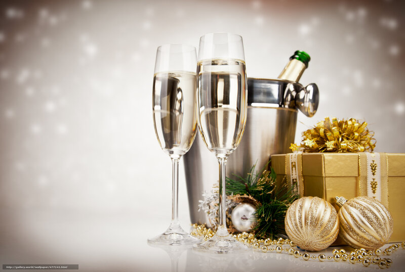 Champagne glasses and holiday gifts