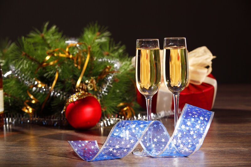 Champagne Glasses and Ornaments — Blue, Festive