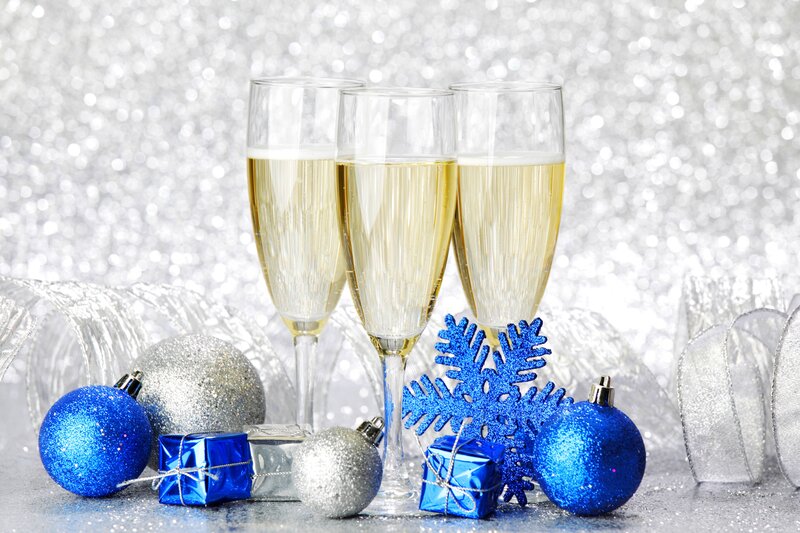 Champagne Glasses and Ornaments — Blue, Festive, Winter