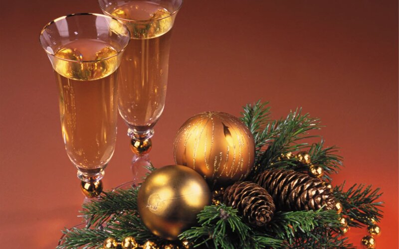 Champagne Glasses and Ornaments — Gold, Festive