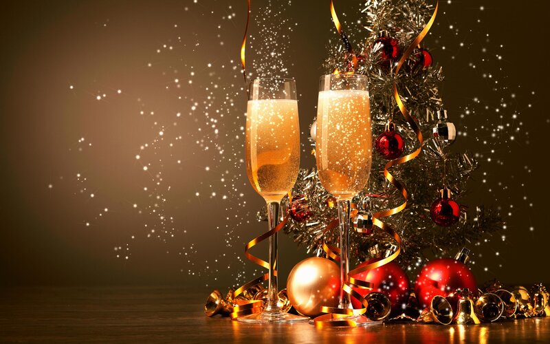 Champagne Glasses and Ornaments — Gold, Festive, Winter