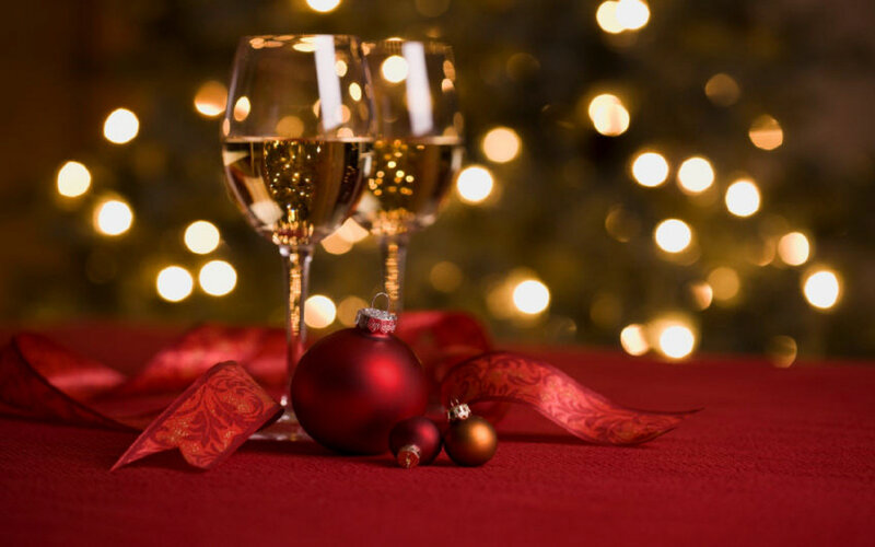 Champagne Glasses and Ornaments — Red, Festive, Night