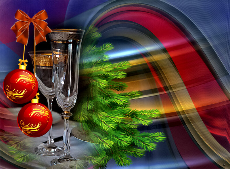 Champagne Glasses and Ornaments — Red, Festive, Winter, Digital Art