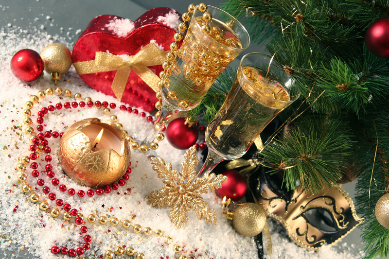 Champagne Glasses and Ornaments — Red, Festive, Winter, Photograph