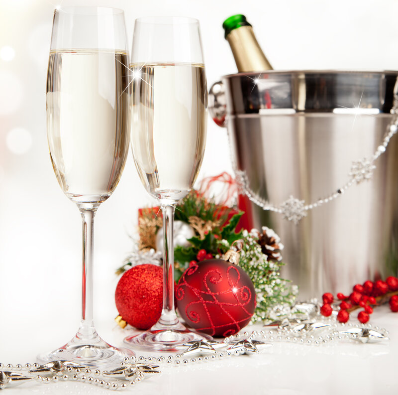 Champagne Glasses and Ornaments — Red, Festive, Winter