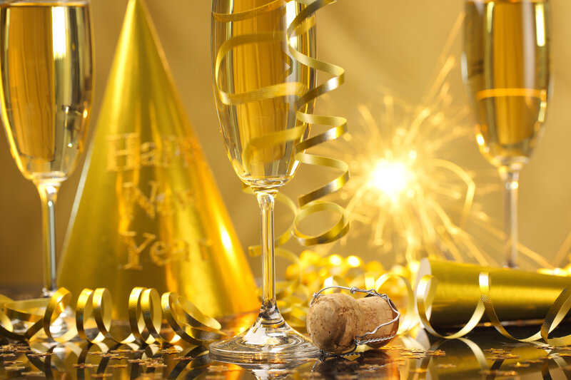 Champagne Glasses and Party Hats