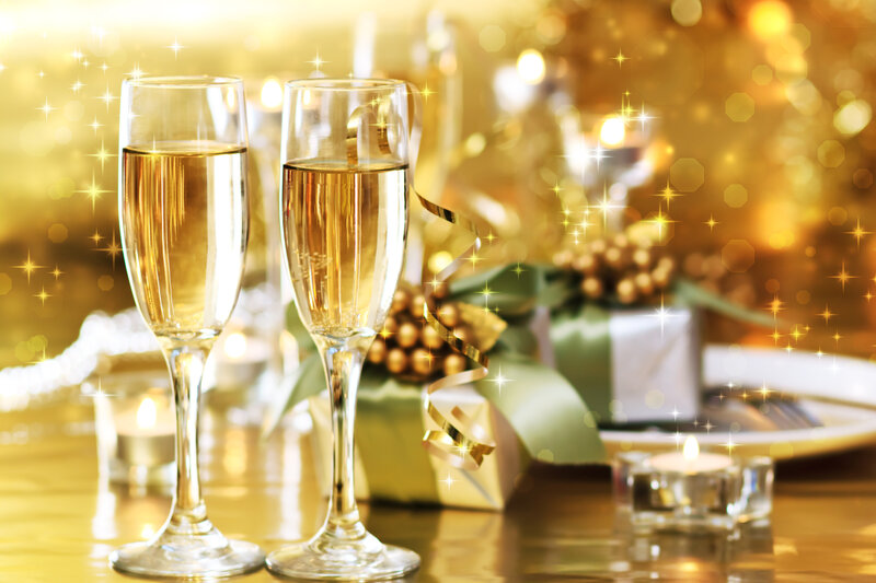 Champagne Glasses on Table — Gold, Celebratory, Night