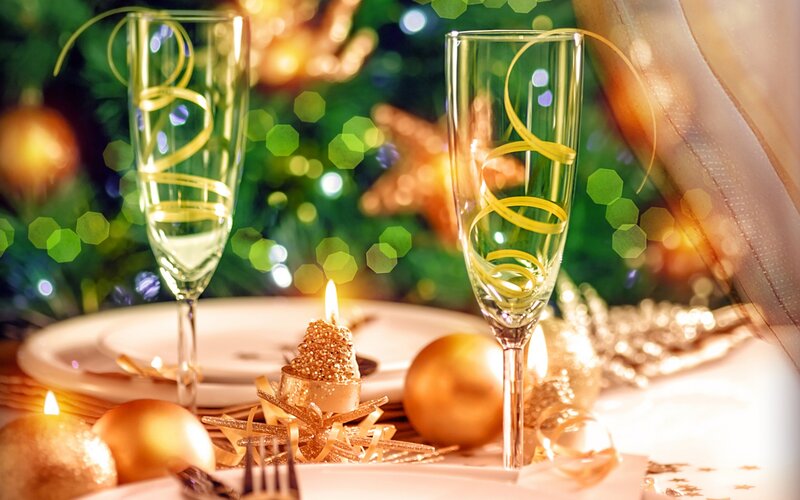 Champagne Glasses on Table — Gold, Festive, Night