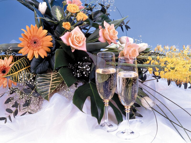 Champagne Glasses with Flowers — Blue, Celebratory, Photograph, Fabric