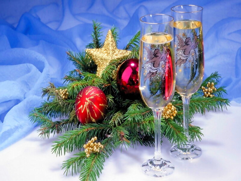 Champagne Glasses with Ornaments — Blue, Festive