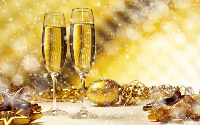 Champagne Glasses with Ornaments — Gold, Festive, Winter