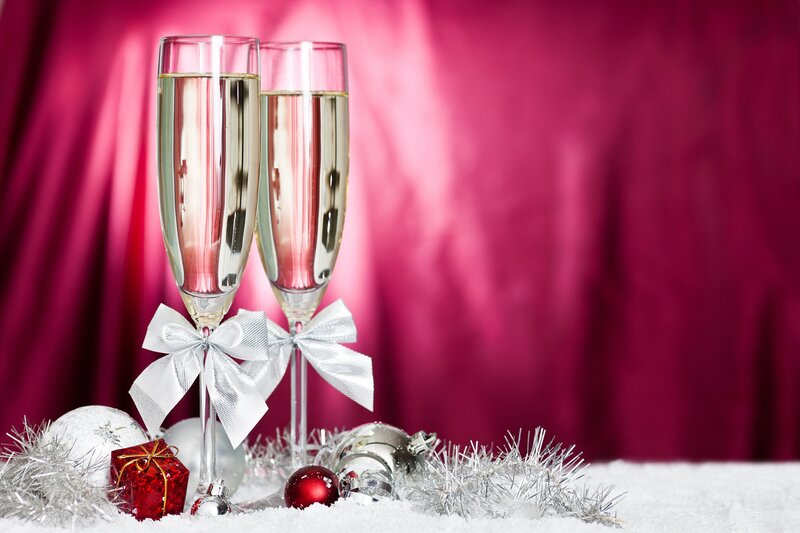 Champagne Glasses with Ornaments — Red, Festive, Winter, Photograph, Bow