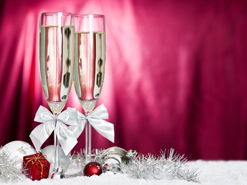 Champagne Glasses with Ornaments — Red, Festive, Winter, Photograph, Bow, Tinsel