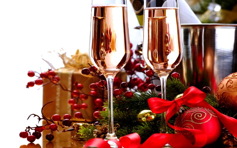 Champagne Glasses with Ornaments — Red, Festive, Winter, Photograph, Gift Box