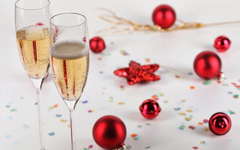 Champagne Glasses with Ornaments — Red, Festive, Winter, Photograph, Red Ornaments