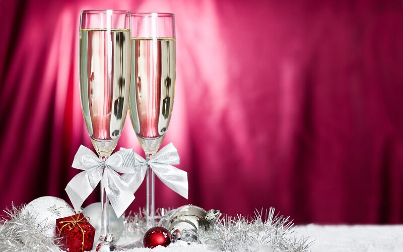 Champagne Glasses with Ornaments — Red, Festive, Winter, Photograph