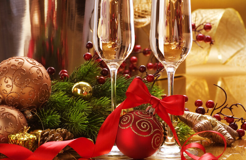 Champagne Glasses with Ornaments — Red, Festive, Winter