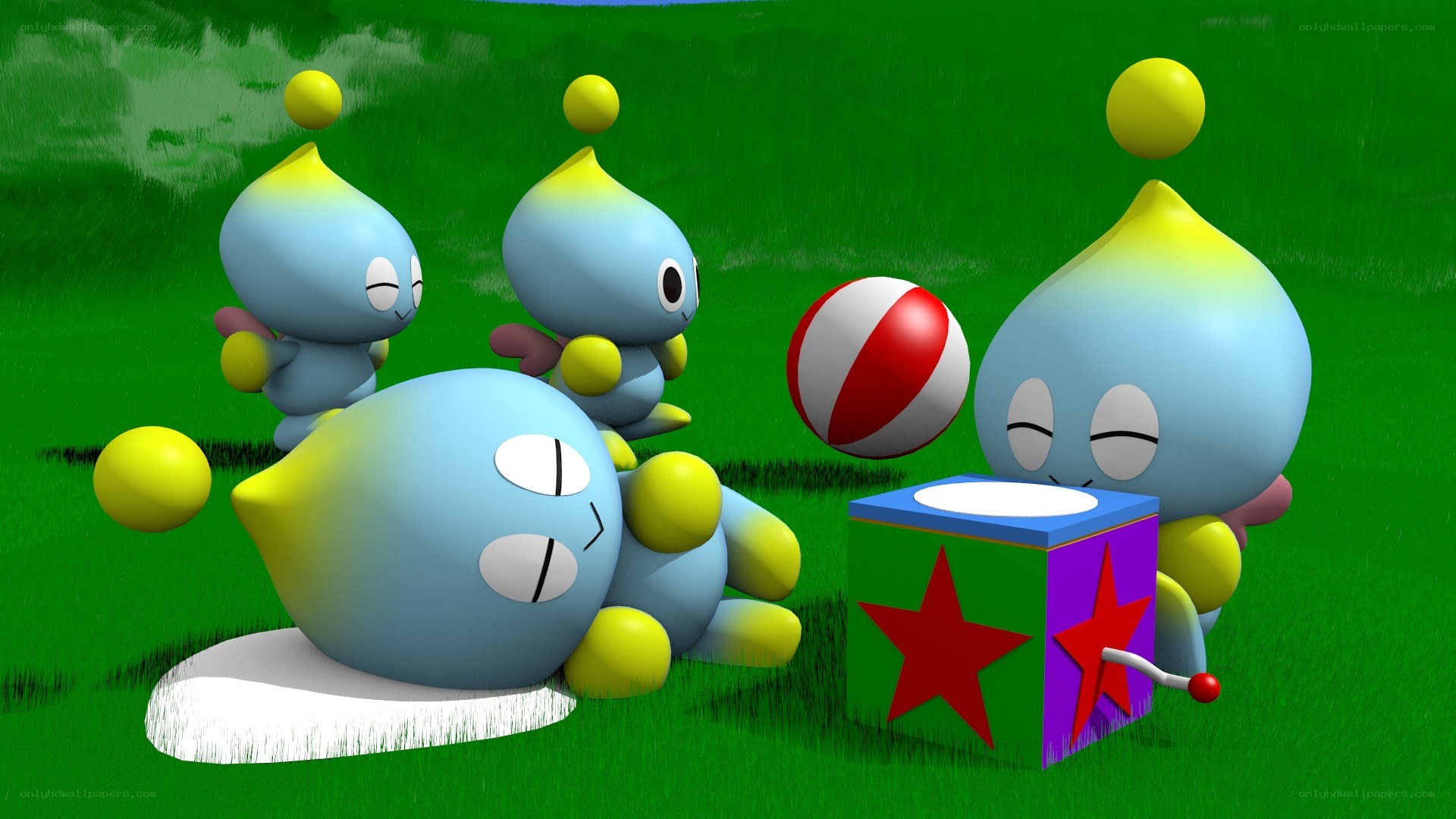 Chao characters playing in a field