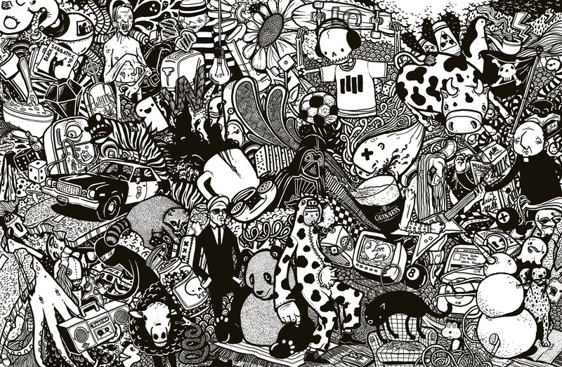 chaotic black and white illustration