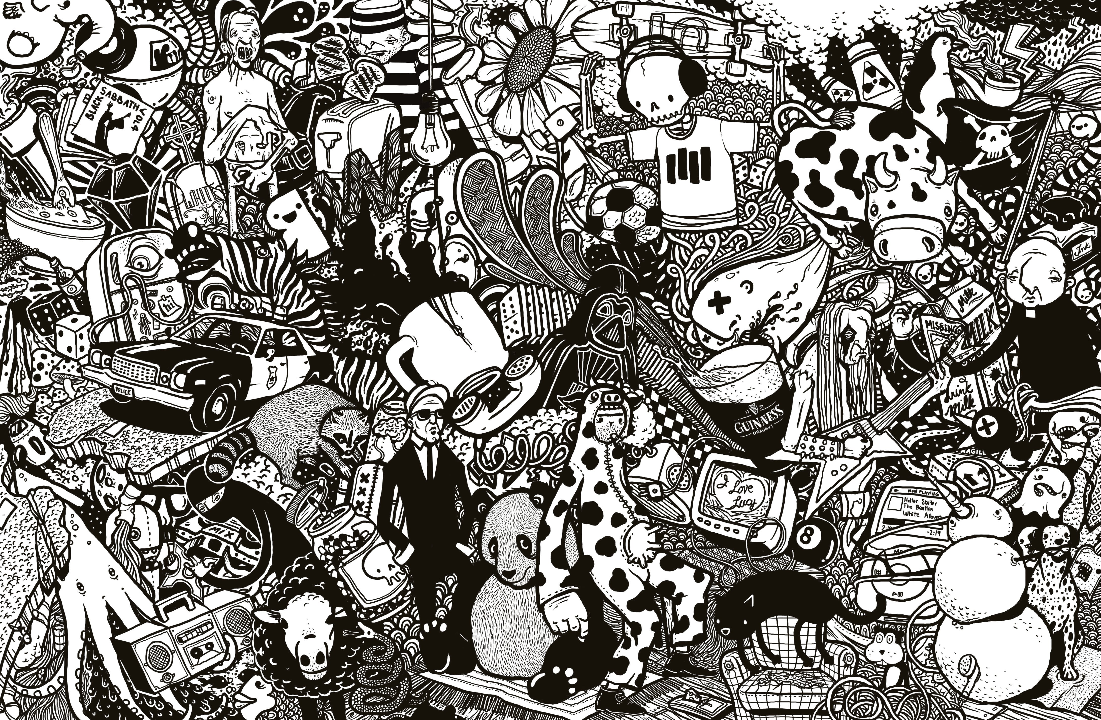 chaotic black and white illustration