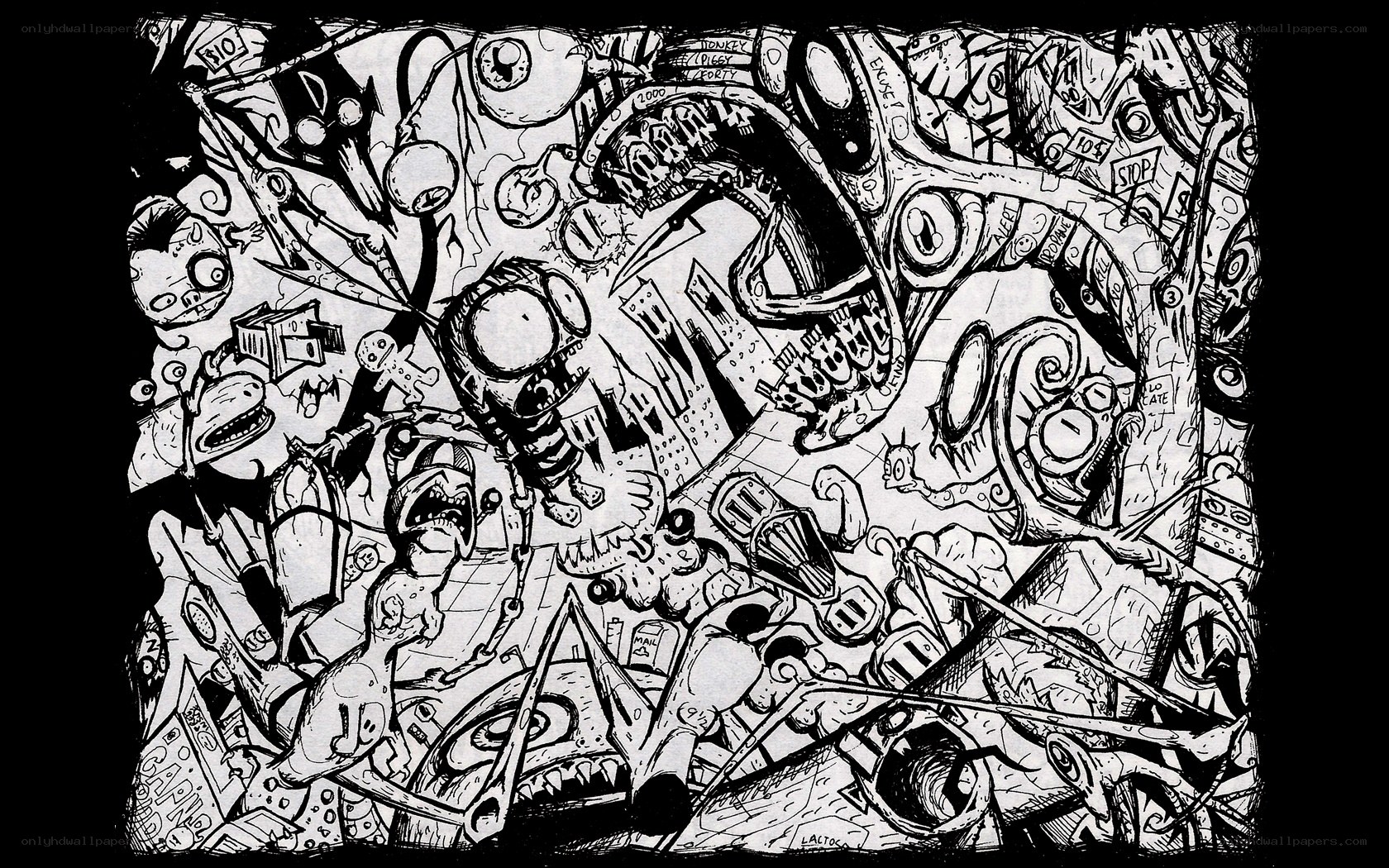 chaotic black and white illustration