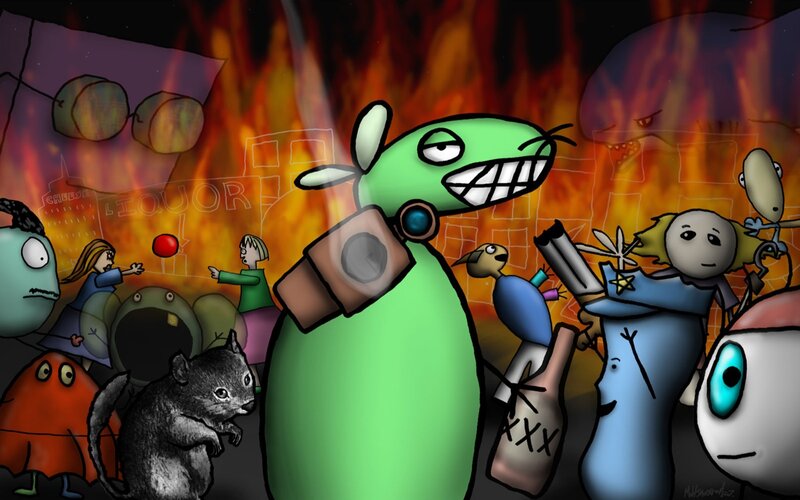chaotic cartoon scene with fire