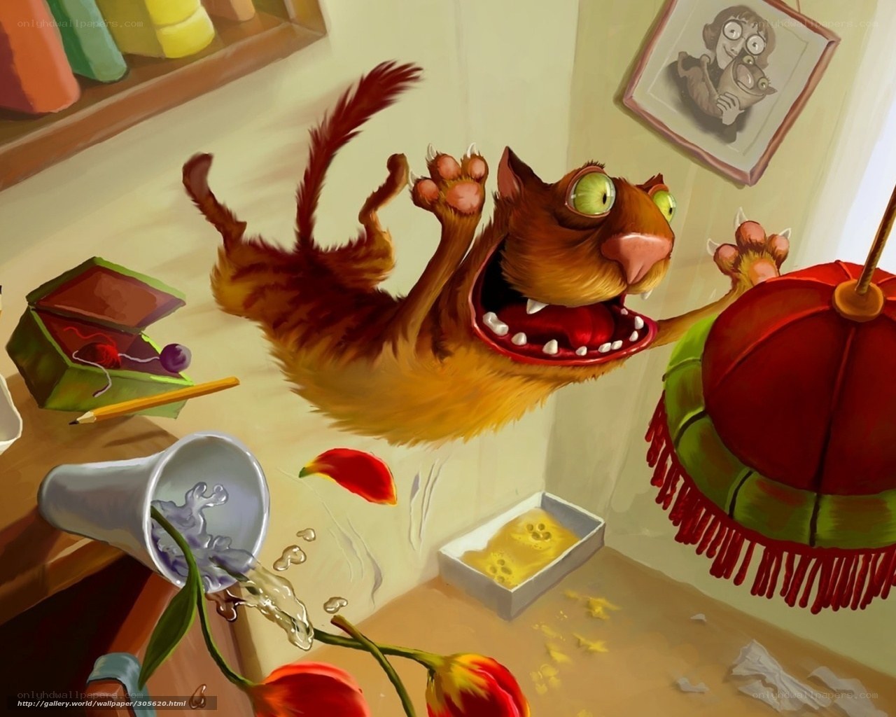 chaotic cat in a messy room