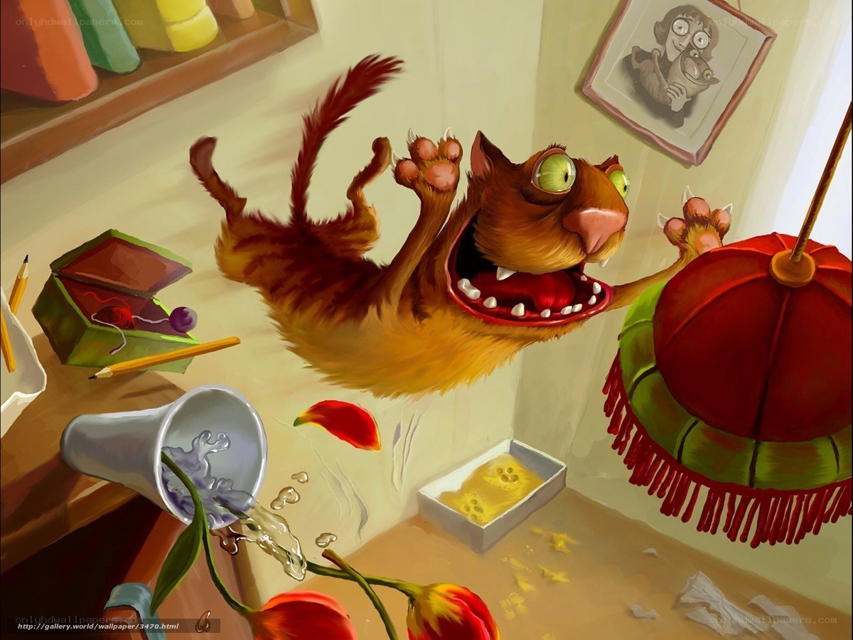 chaotic cat in a messy room