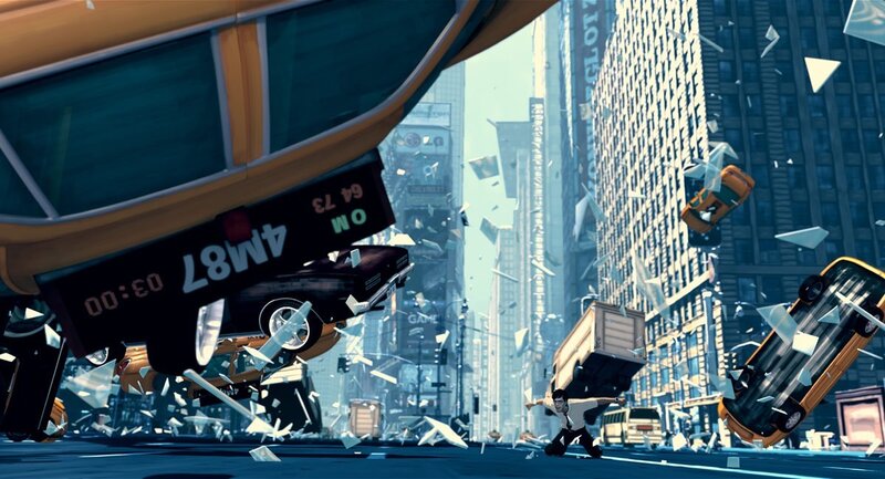 chaotic city destruction scene