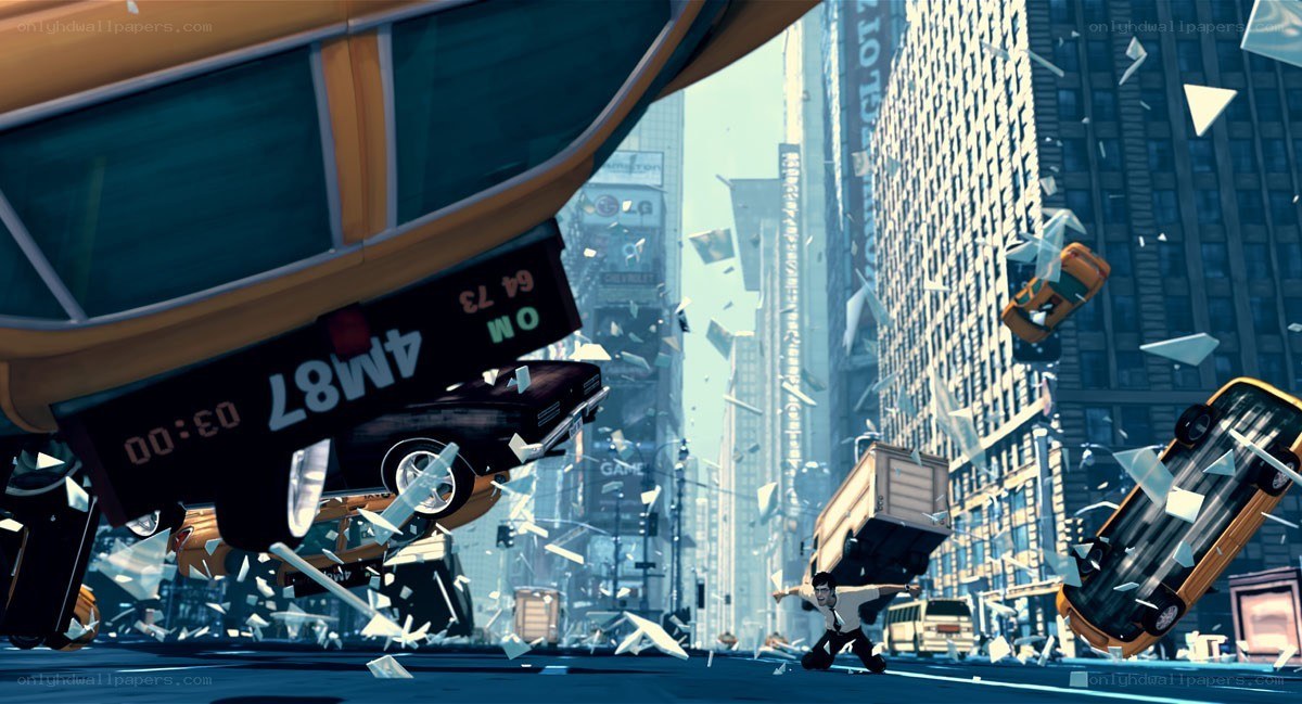 chaotic city destruction scene