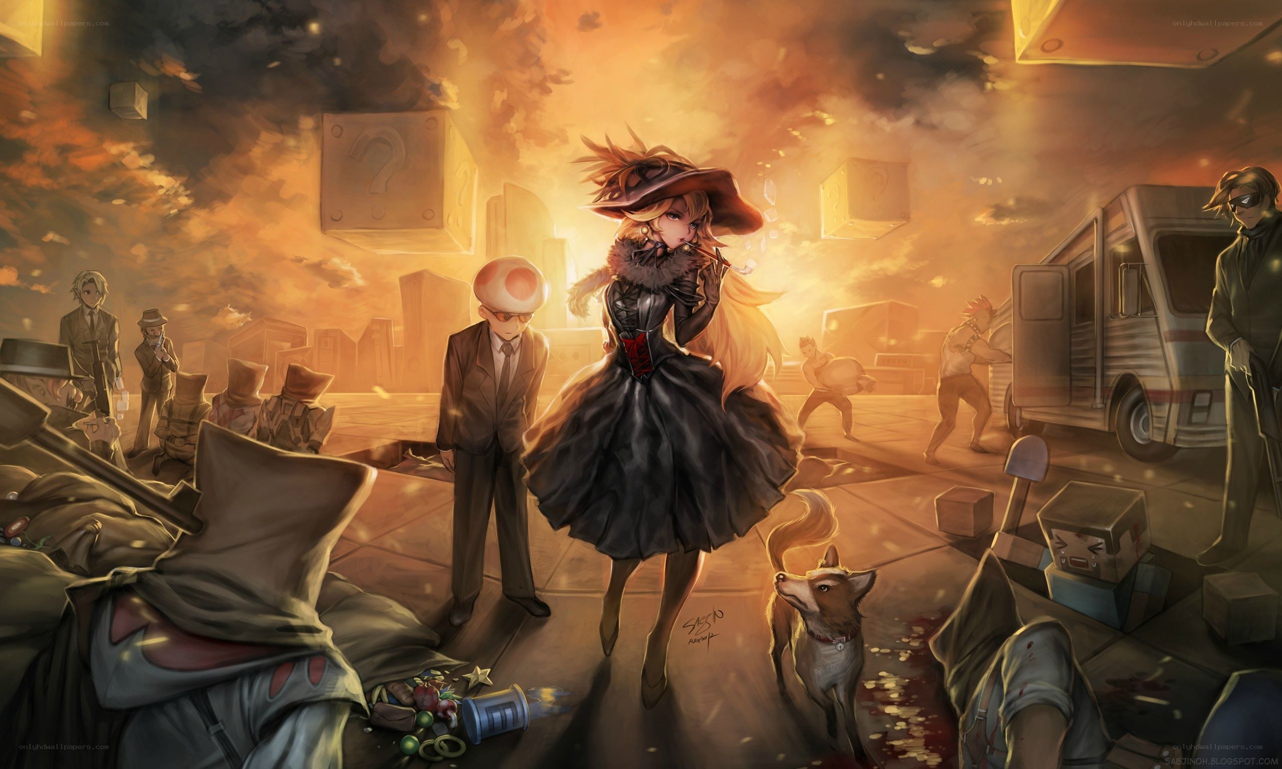 chaotic city scene with characters