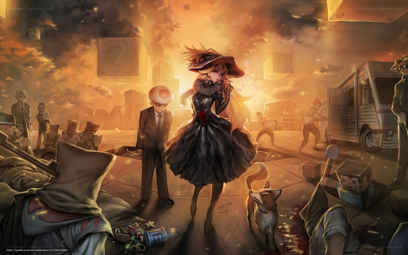 chaotic city scene with characters