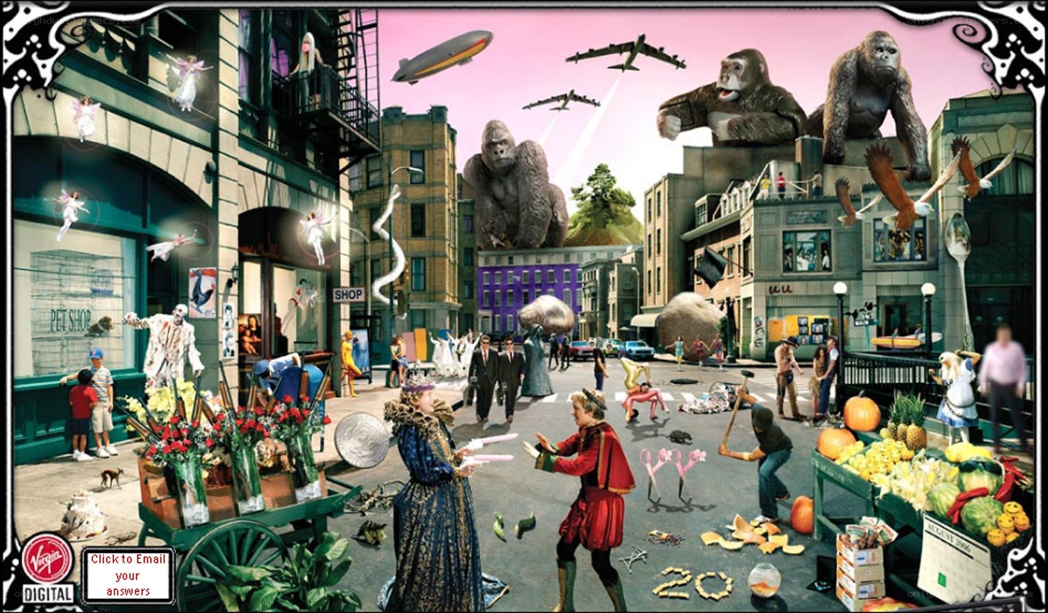 chaotic city scene with fantastical elements