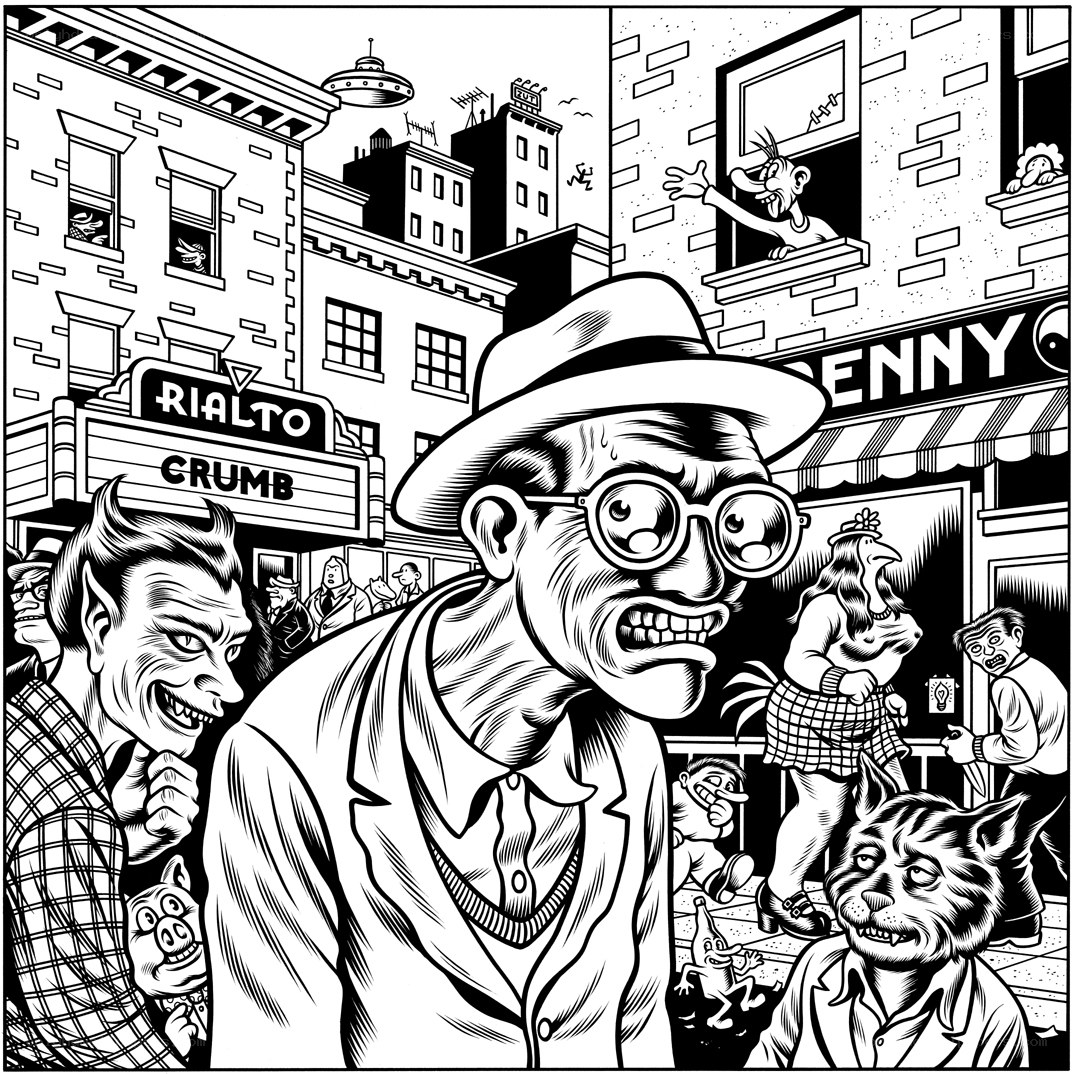 chaotic city street scene