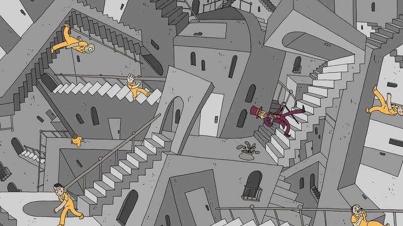 chaotic cityscape with falling figures