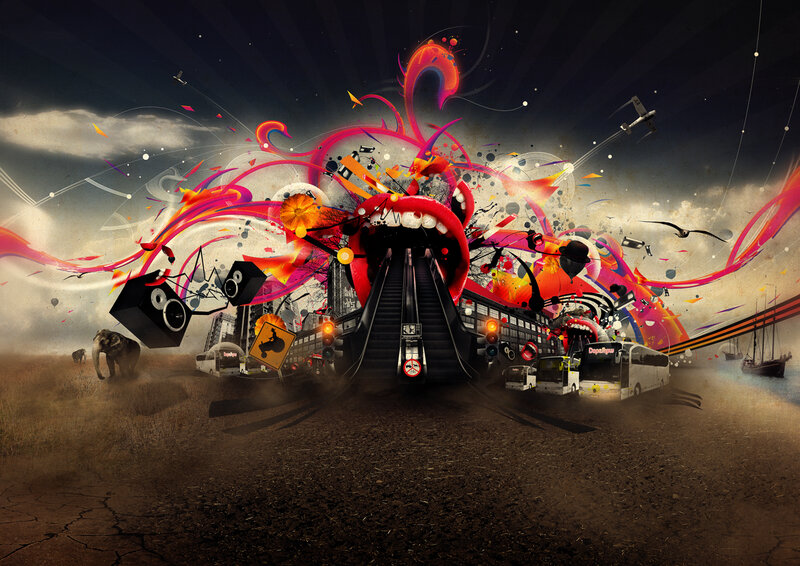 chaotic cityscape with giant mouth