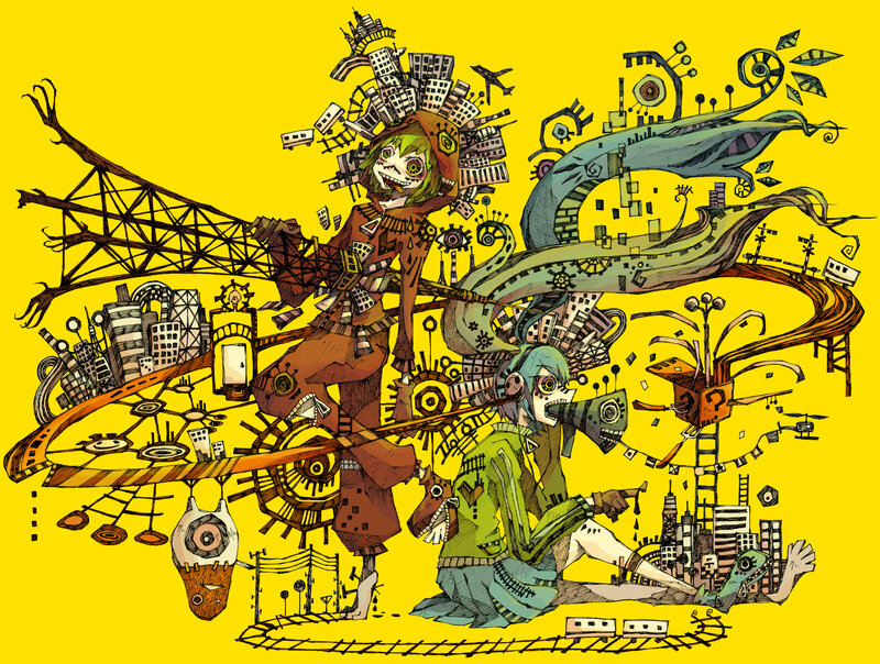 chaotic cityscape with two figures
