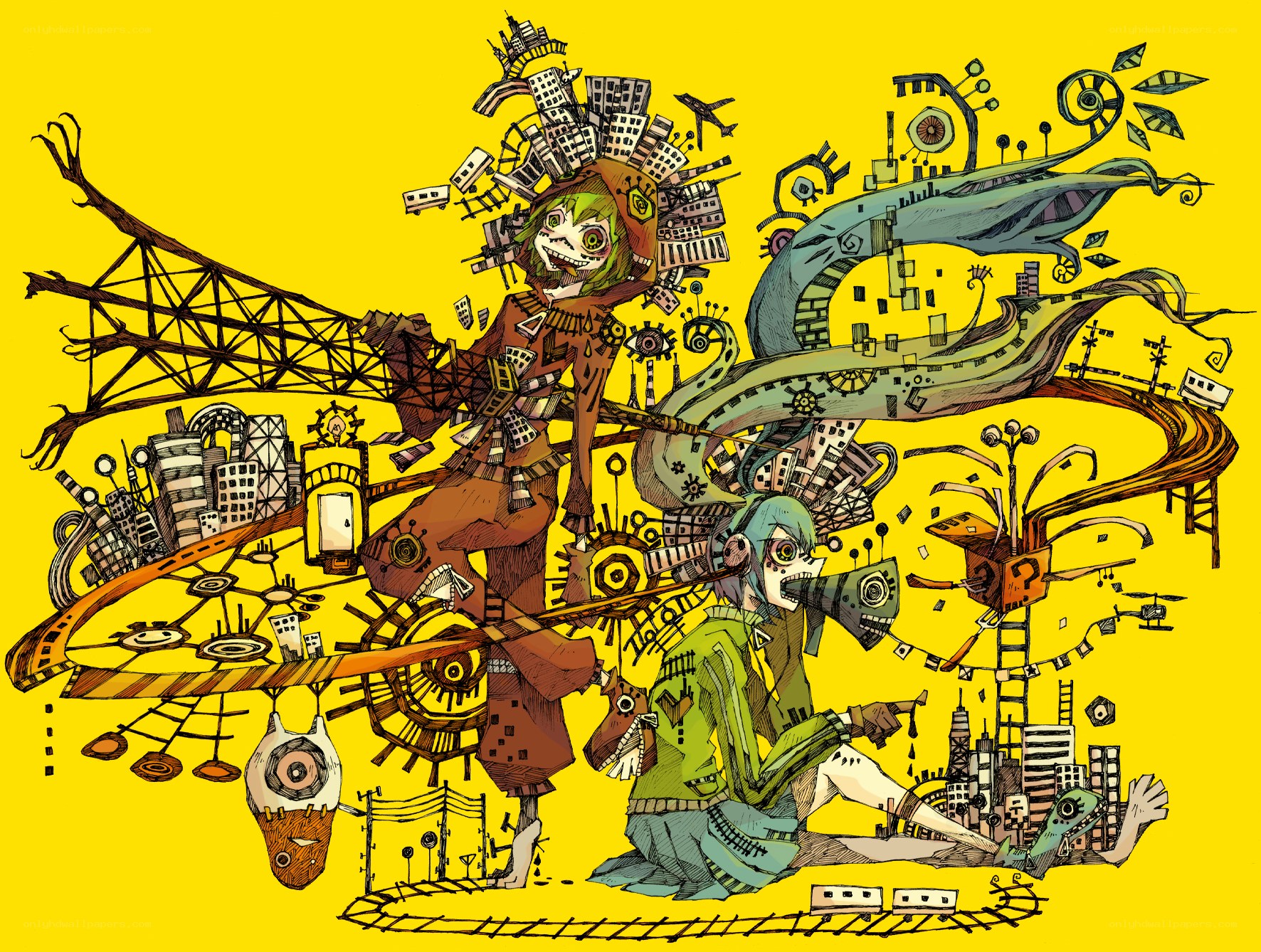 chaotic cityscape with two figures