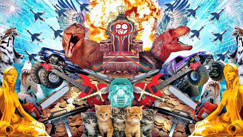 chaotic collage of monsters and weapons