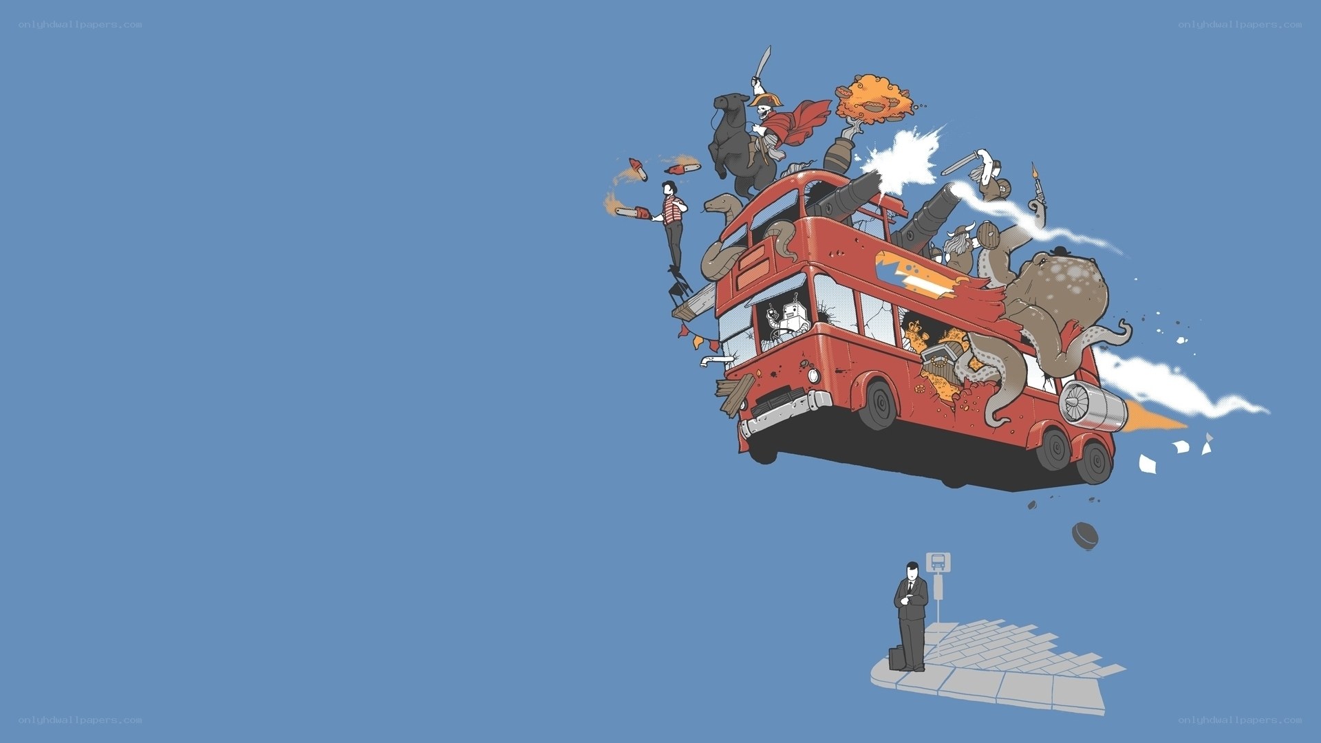 chaotic flying bus scene