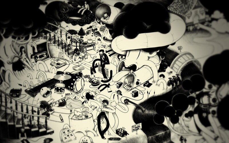 chaotic music scene illustration