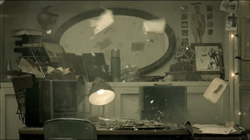 chaotic room with debris