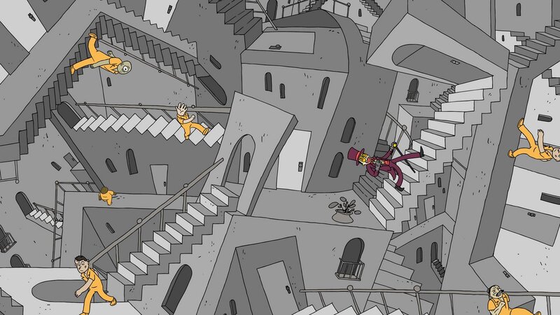 chaotic stairwell scene