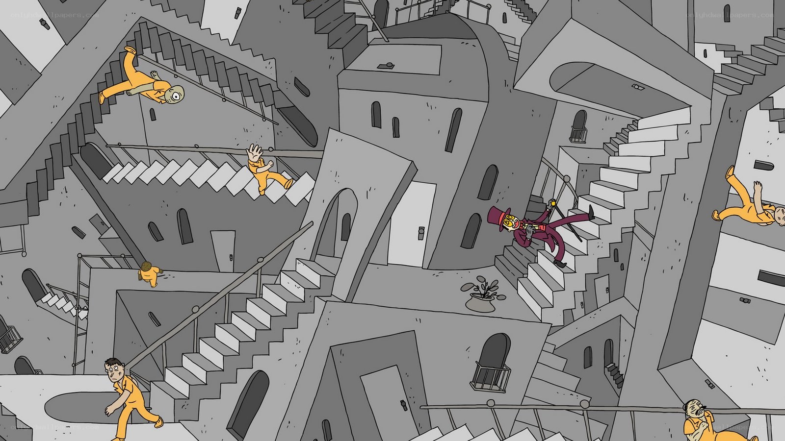 chaotic stairwell scene