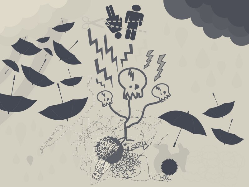 chaotic storm with umbrellas