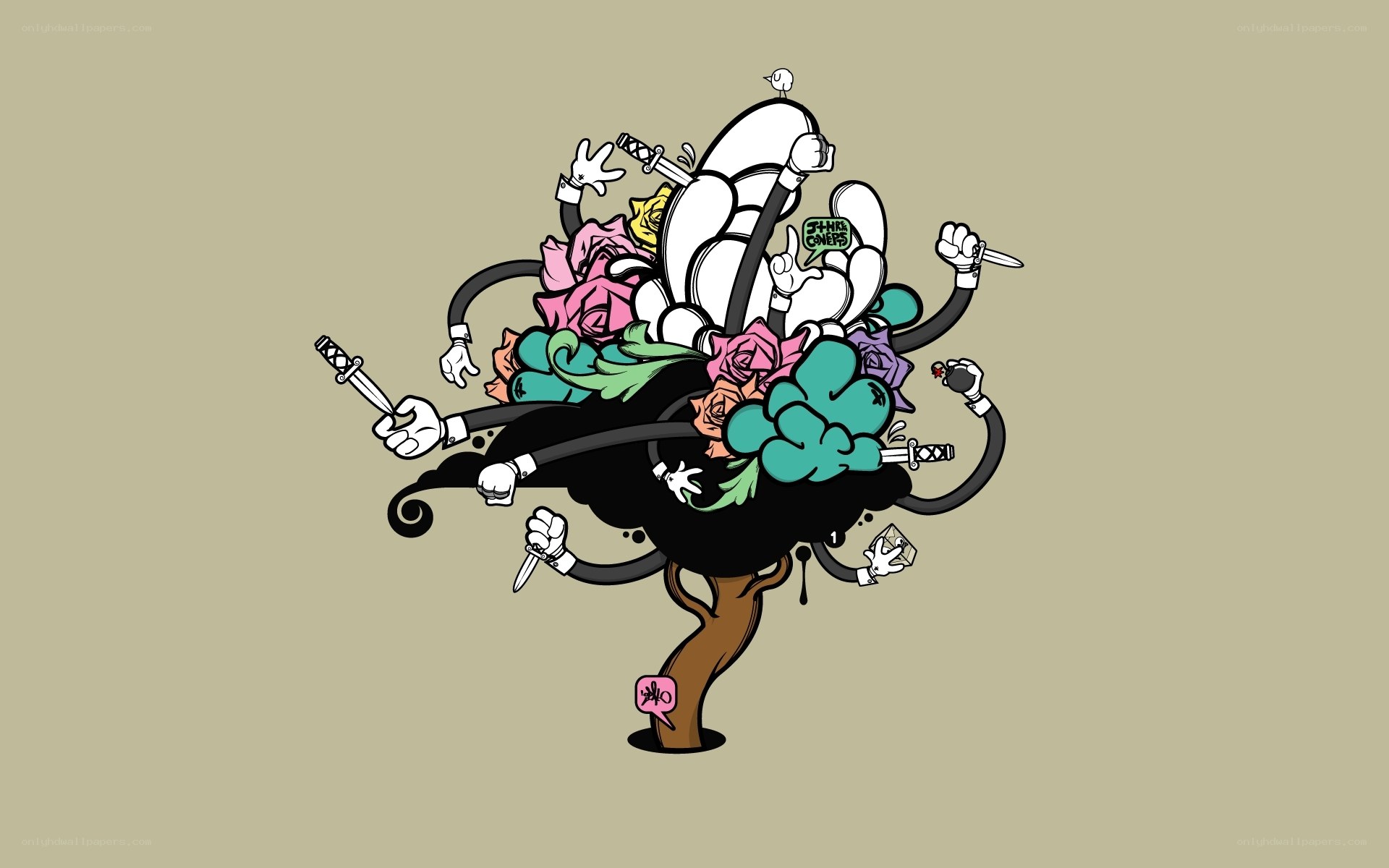 chaotic tree with weapons and flowers
