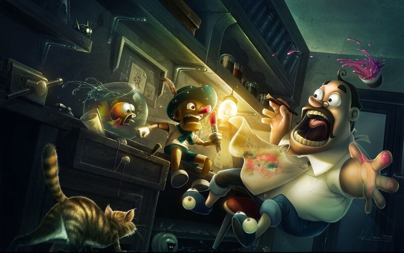 chaotic workshop scene